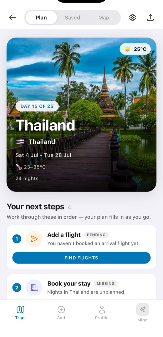 ConMigo trip overview with a guided plan